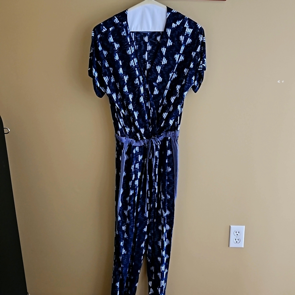 Blue and white pants jumpsuit from Anthropolgie.